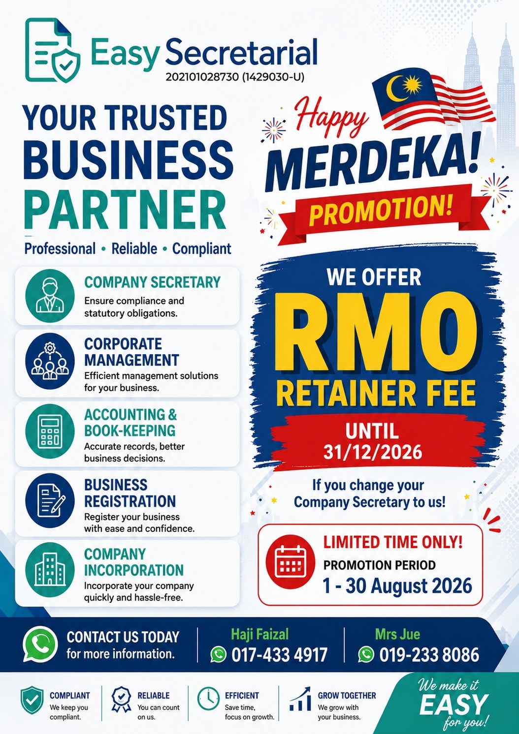 Easy Secretarial Merdeka Promotion – RM0 Retainer Fee until 31 December 2026 when you switch your Company Secretary to us. Promotion period 1–30 August 2026.